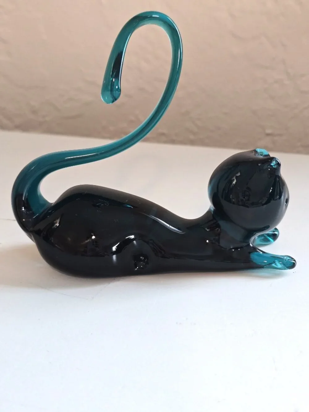 Vintage Hand Blown Glass Cat Figurine Teal/Dark Blue Black
